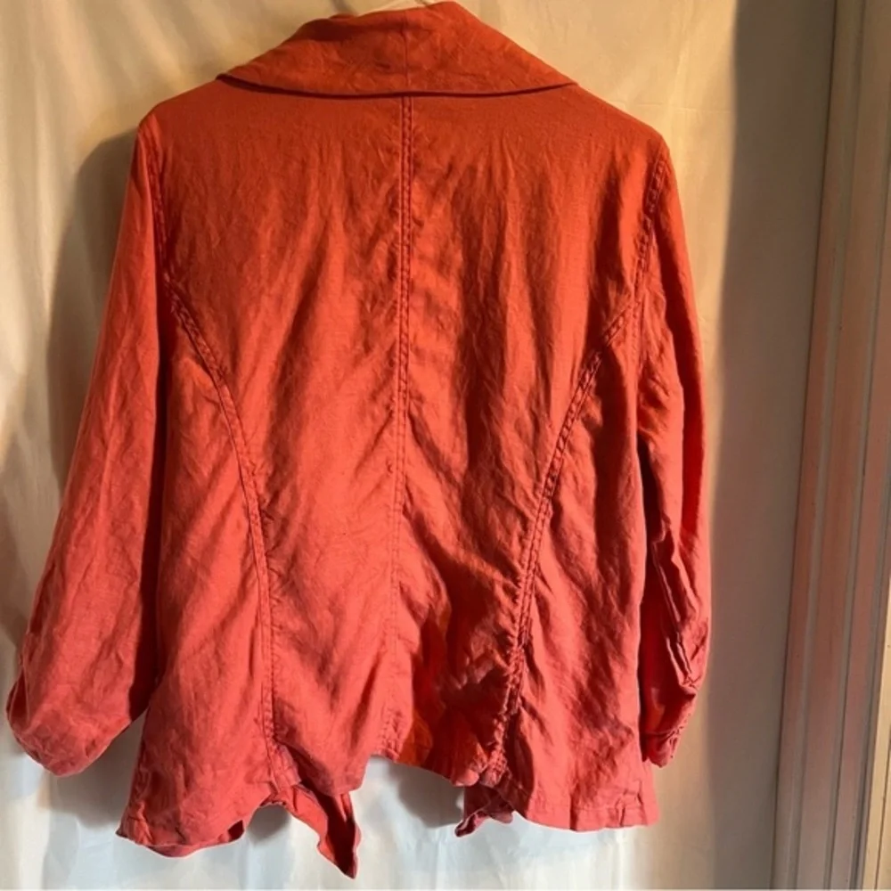 Chicos 100% Linen Ruched‎ Coral Pink Open Cardigan Size Large Casual Lightweight